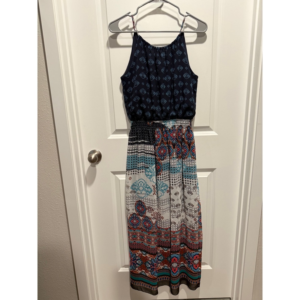 Enfocus Studio Boho Womens Navy Blue Smocked Halter Maxi Dress 8 Festival Hippie